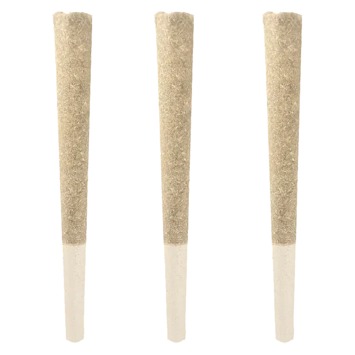 Three upright beige pre-rolls photographed front-on, showing textured brown paper and clear filter tips, Banjo PR 3 x 0.5 g