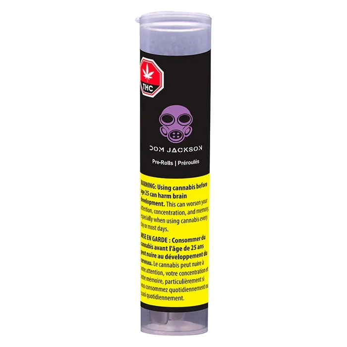 Tall frontal shot of the Banjo PR 3 x 0.5 g clear plastic tube with black and yellow warning label and purple logo visible.