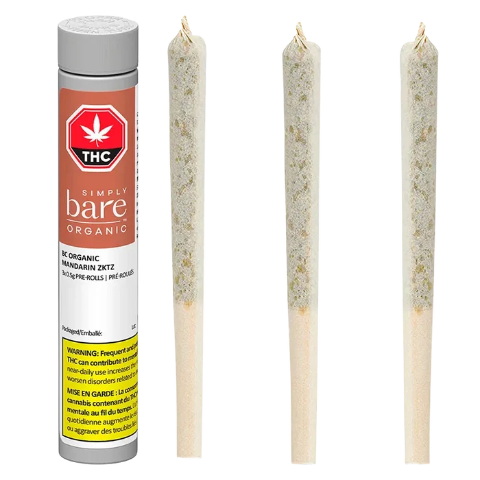 Front-facing shot of a tube and three slim pre-rolls labeled BC Organic Mandarin Zktz PR 3 x 0.5 g against a white background.