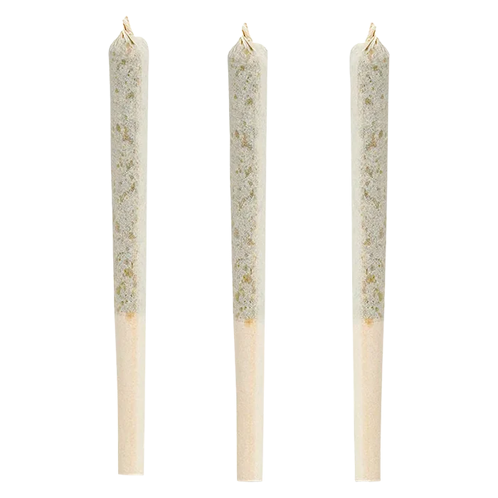 Three evenly spaced, upright BC Organic Mandarin Zktz PR 3 x 0.5 g pre-rolls photographed on a white background.