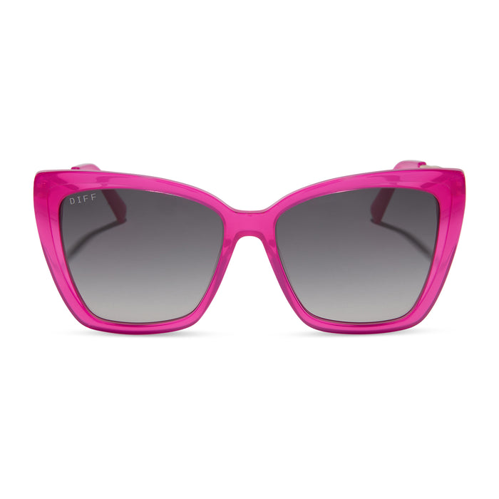 diff eyewear featuring the becky ii cat eye sunglasses with a bright pink tulip & gold frame and grey gradient polarized lenses front view