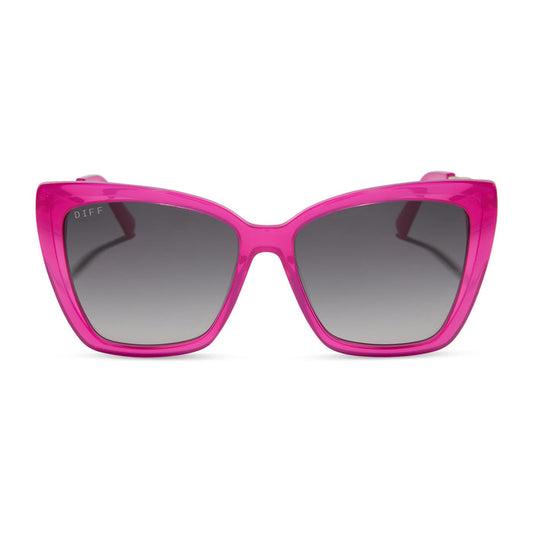 diff eyewear featuring the becky ii cat eye sunglasses with a bright pink tulip & gold frame and grey gradient polarized lenses front view