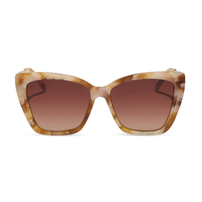 diff eyewear becky ii cat eye sunglasses with a gilded tortoise acetate frame and brown gradient lenses front view