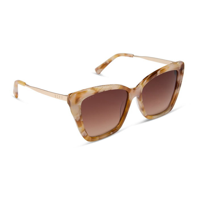 diff eyewear becky ii cat eye sunglasses with a gilded tortoise acetate frame and brown gradient lenses angled view