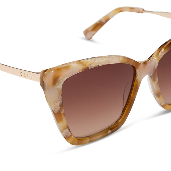 diff eyewear becky ii cat eye sunglasses with a gilded tortoise acetate frame and brown gradient lenses detailed view