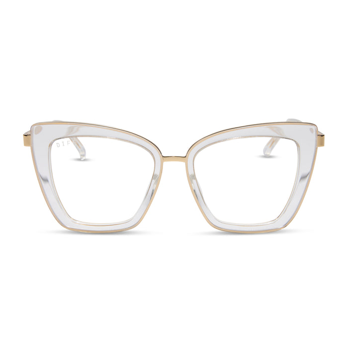 diff eyewear featuring the becky iv cat eye prescription glasses with a clear crystal with gold frame front view