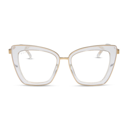 diff eyewear featuring the becky iv cat eye prescription glasses with a clear crystal with gold frame front view