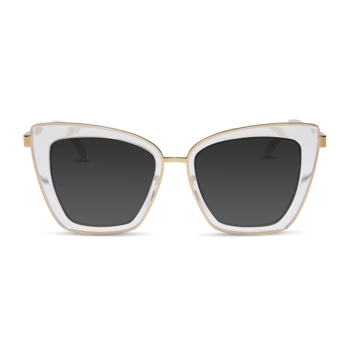 diff eyewear featuring the becky iv cat eye prescription sunglasses with a clear crystal with gold frame front view