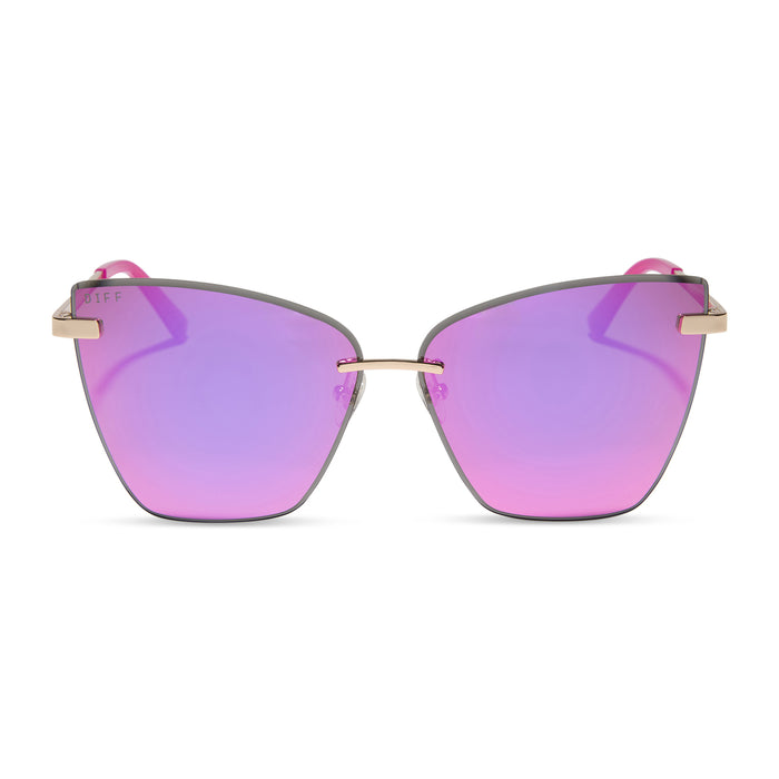 diff eyewear featuring the becky v cat eye sunglasses with a gold frame and pink rush mirror lenses front view