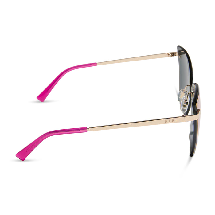 diff eyewear featuring the becky v cat eye sunglasses with a gold frame and pink rush mirror lenses side view