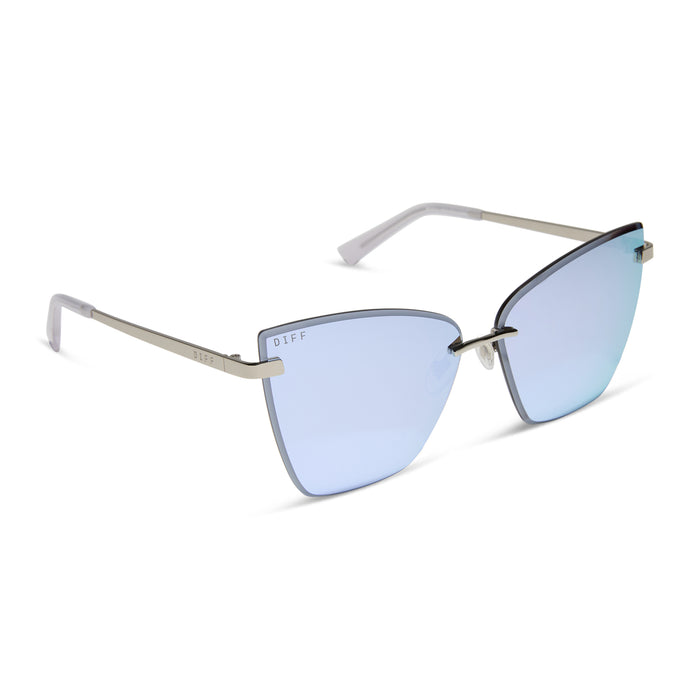 diff eyewear featuring the becky v cat eye sunglasses with a silver frame and lavender mirror lenses angled view