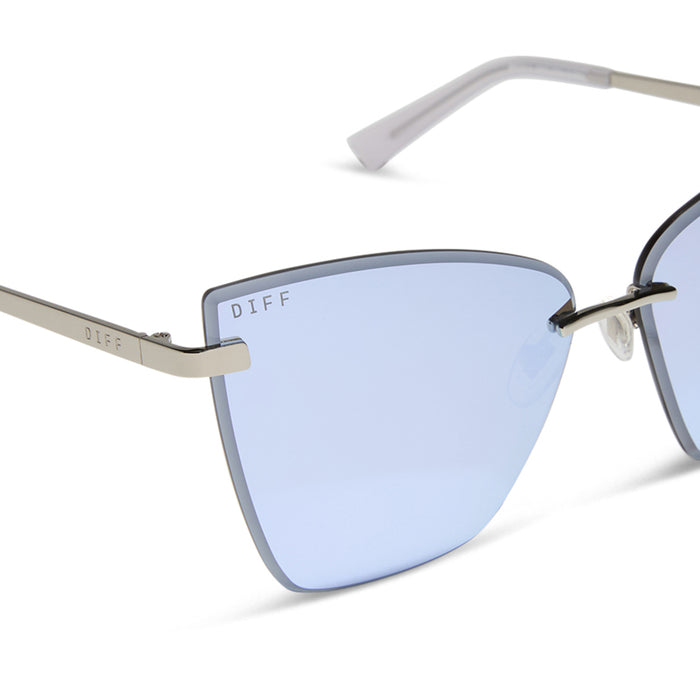 diff eyewear featuring the becky v cat eye sunglasses with a silver frame and lavender mirror lenses detailed view