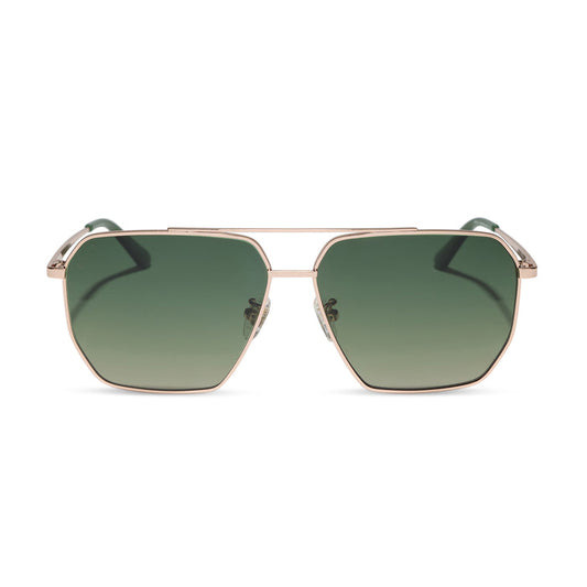 diff eyewear featuring the berkely navigator sunglasses with a champagne gold (light gold) metal frame and aloe green gradient polarized lenses front view