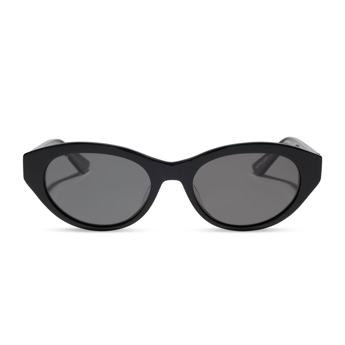 yellowstone x diff eyewear featuring the teeter round sunglasses with a classic black acetate frame and grey polarized lenses front view