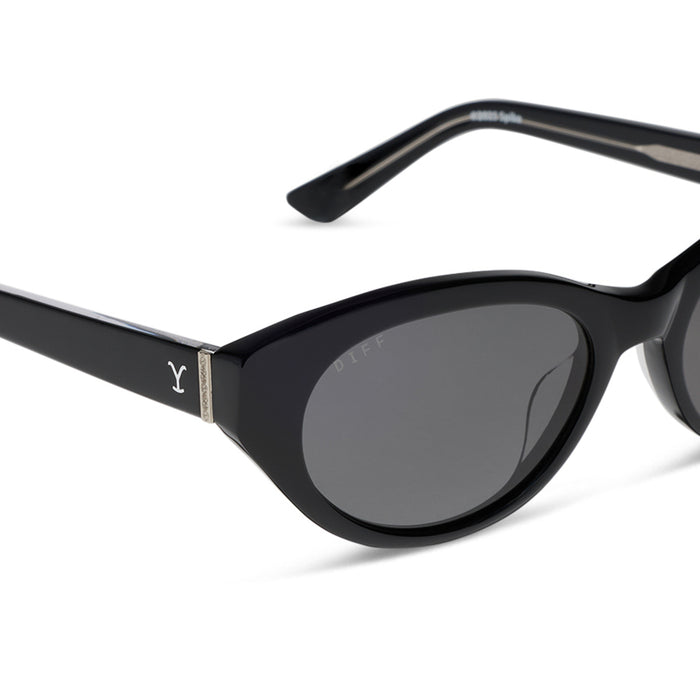yellowstone x diff eyewear featuring the teeter round sunglasses with a classic black acetate frame and grey polarized lenses detailed view