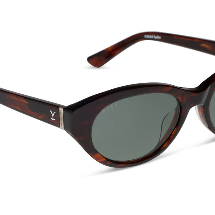yellowstone x diff eyewear featuring the teeter round sunglasses with a western sequoia acetate frame and green g15 polarized lenses detailed view