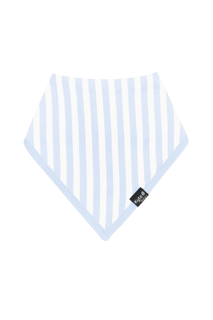 The front of the Bib in Small Mist Stripe with the Kyte Baby logo tag visible