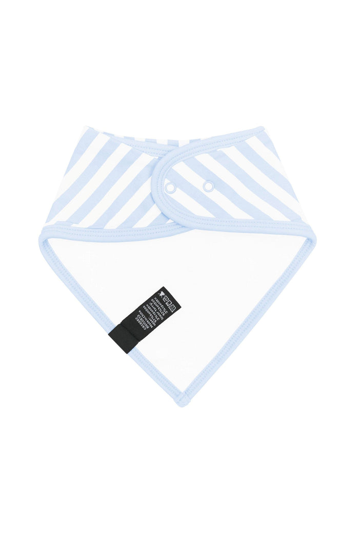 The back of the Bib in Small Mist Stripe showing the snap closure and Bamboo Terry Cloth material