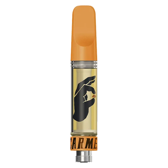 Straight-on view of the Big Apple Pure Live Resin Vape Cartridge with an orange mouthpiece and hand logo over golden oil.