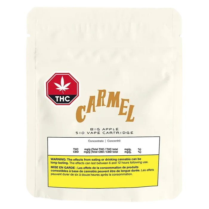 Cream-colored pouch front with a red THC stop-sign logo and "Carmel" lettering, labeled Big Apple Pure Live Resin Vape Cartridge.