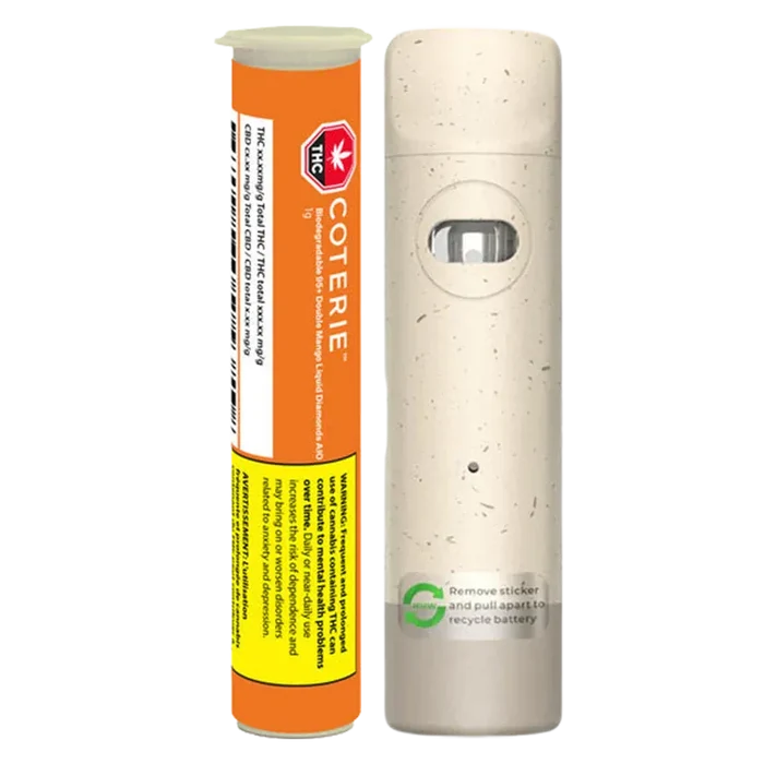 Front-facing shot of the Biodegradable 95+ Double Mango Liquid Diamonds Disposable Vape beside its orange labeled tube, showing the speckled beige device and clear window.
