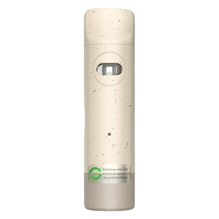 Center-frontal view of a speckled cream disposable device labeled Biodegradable 95+ Double Mango Liquid Diamonds Disposable Vape with a small viewing window and recycling sticker near the base