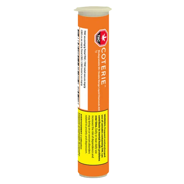 Vertical front-facing view of an orange tube labeled Biodegradable 95+ Double Mango Liquid Diamonds Disposable Vape showing the Coterie brand logo and warning panel.