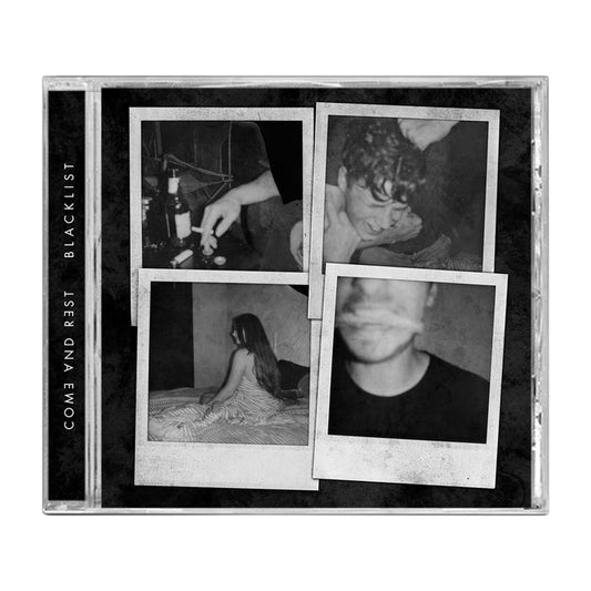 A CD case features four overlapping black-and-white Polaroid-style photos: a hand with a bottle, a man leaning over, a woman on a bed, and a blurry face. The spine displays the brand name Come and Rest—ideal for fans seeking the track list.