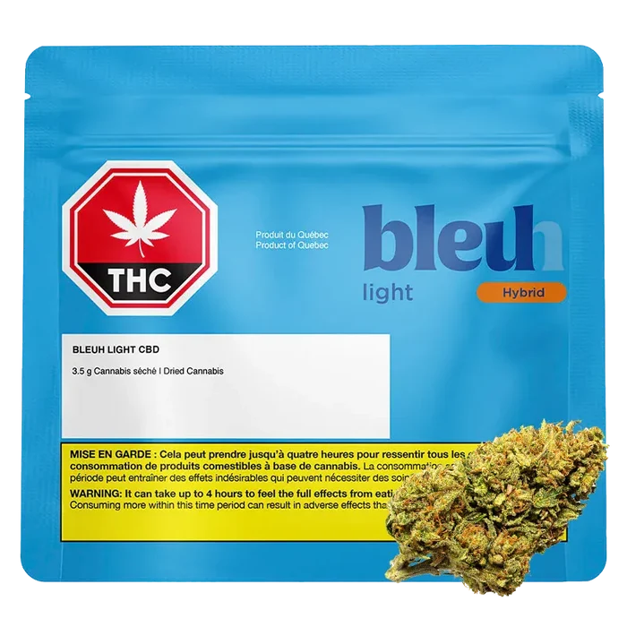 Front-facing pouch shot of Bleuh Light CBD in blue packaging with a red THC symbol on the left and a cannabis bud at the lower right.