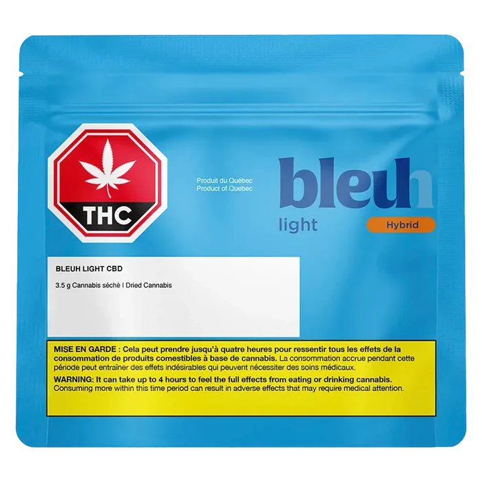 Front-facing shot of a blue resealable pouch labeled Bleuh Light CBD with a red THC stop sign logo and yellow warning box.