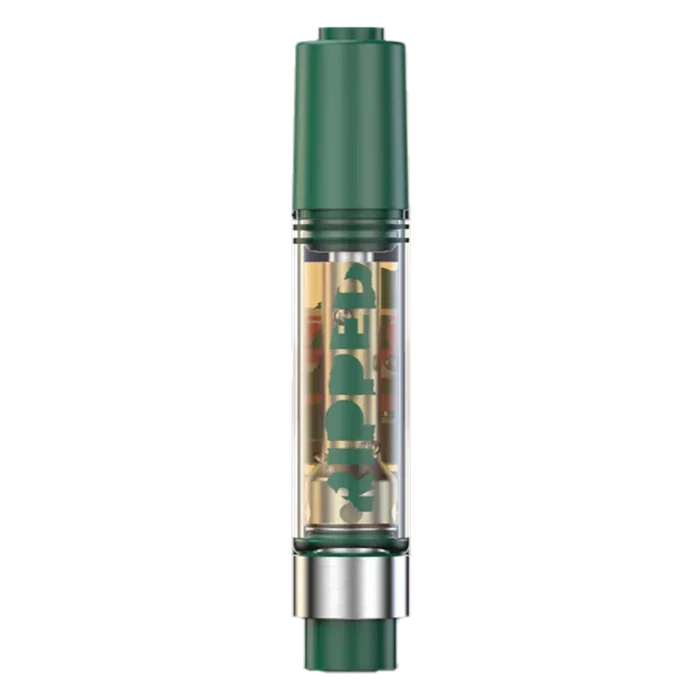 Straight-on view of the Blueberried Liquid Diamond Vape Cartridge showing its green mouthpiece and clear glass chamber.