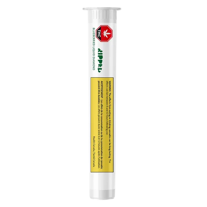 Tall, vertical studio shot of a white tube labeled Blueberried Liquid Diamond Vape Cartridge with a red THC symbol and yellow warning panel.