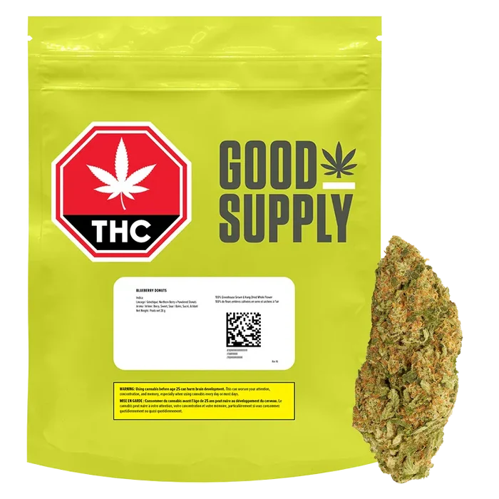 Front view of the bright lime-green pouch labeled Good Supply Blueberry Donuts with a THC stop sign logo and a bud beside it.