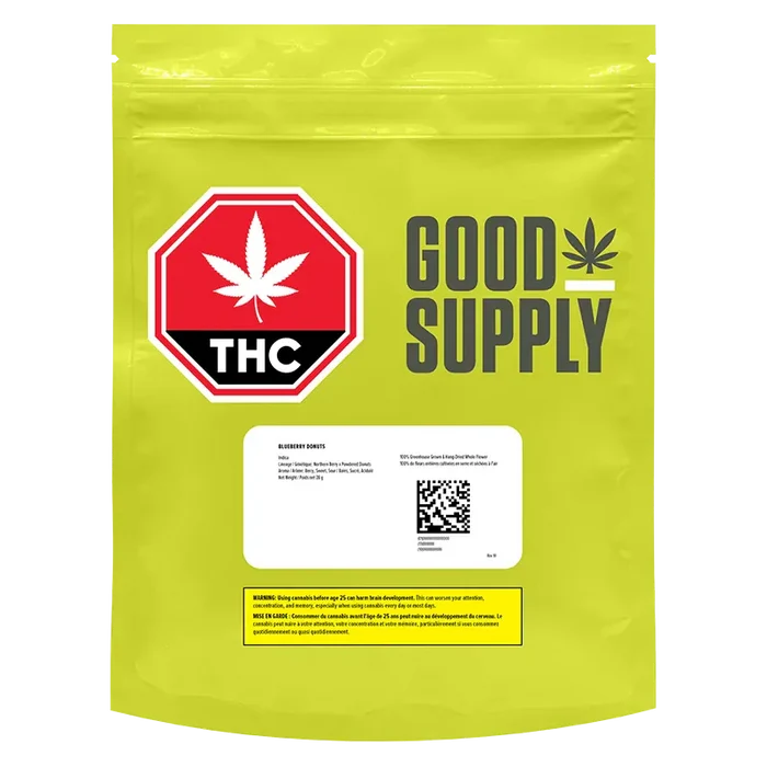 Front-facing shot of the lime-green Good Supply Blueberry Donuts pouch with a red THC stop-sign logo and white label.