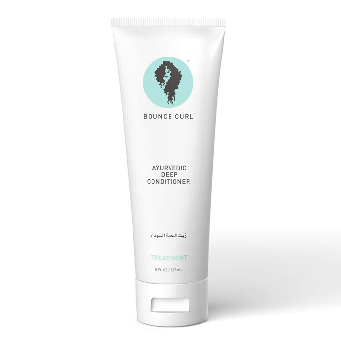 Bounce Curl Ayurvedic Deep Conditioner – a protein-free, ultra-nourishing hair treatment made with Indian herbs like amla, shikakai, and bhringraj. Designed for wavy, curly, and coily hair of all textures. Enhances softness, shine, and manageability while reducing frizz. Comes in a sleek jar with clean, minimal branding.