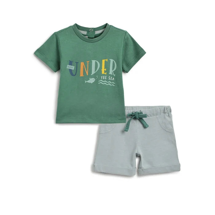 Boys Green Printed T-Shirt With Shorts