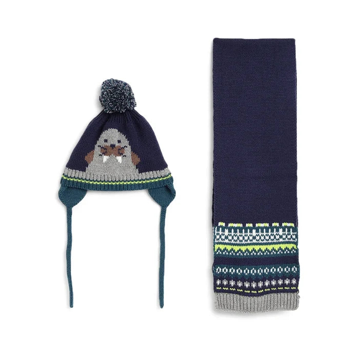 Boys Navy Blue & Grey Woollen Hat with Scarf