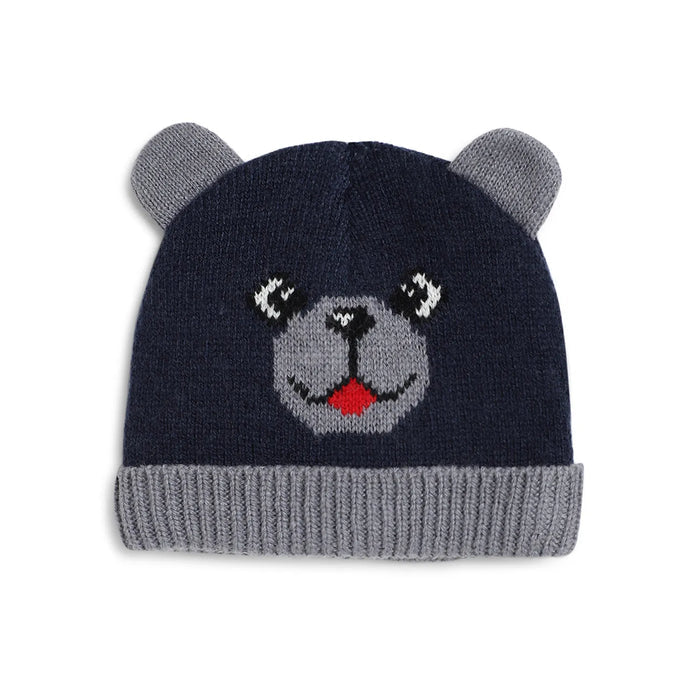 Boys Navy Blue & Grey Woollen Hat with Scarf