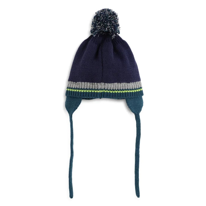 Boys Navy Blue & Grey Woollen Hat with Scarf