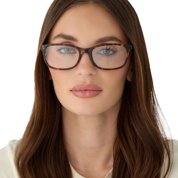 on model - female wearing diff eyewear featuring the bradford rectangle prescription glasses with a rich tortoise frame front view