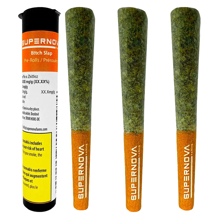 Close-up front view of a Supernova B!tch Slap PR 3 x 0.5 g pre-roll tube and three matching orange-filtered pre-rolls standing upright on a white background.