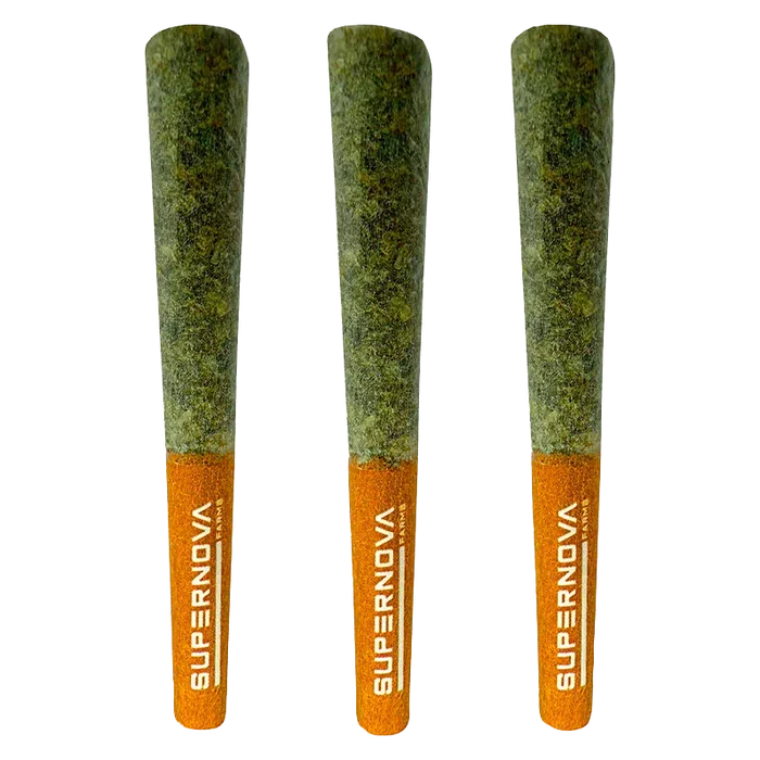 Three upright pre-rolls photographed front-on against white, labeled "B!tch Slap PR 3 x 0.5 g" with orange branded tips.