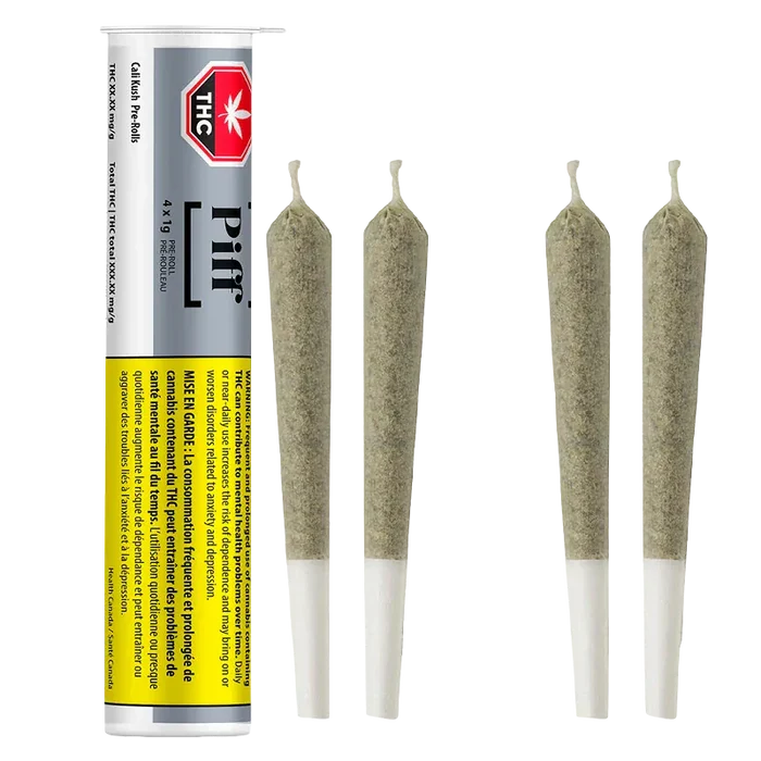 Vertical view of a clear plastic tube of Cali Kush PR 4 x 1 g beside four evenly spaced pre-rolled joints on a white background