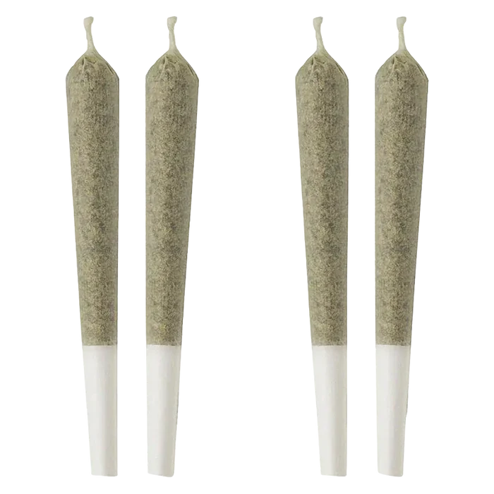 Top-down view of four evenly spaced Cali Kush PR 4 x 1 g pre-rolls with greenish wraps and white filter tips on a white background.