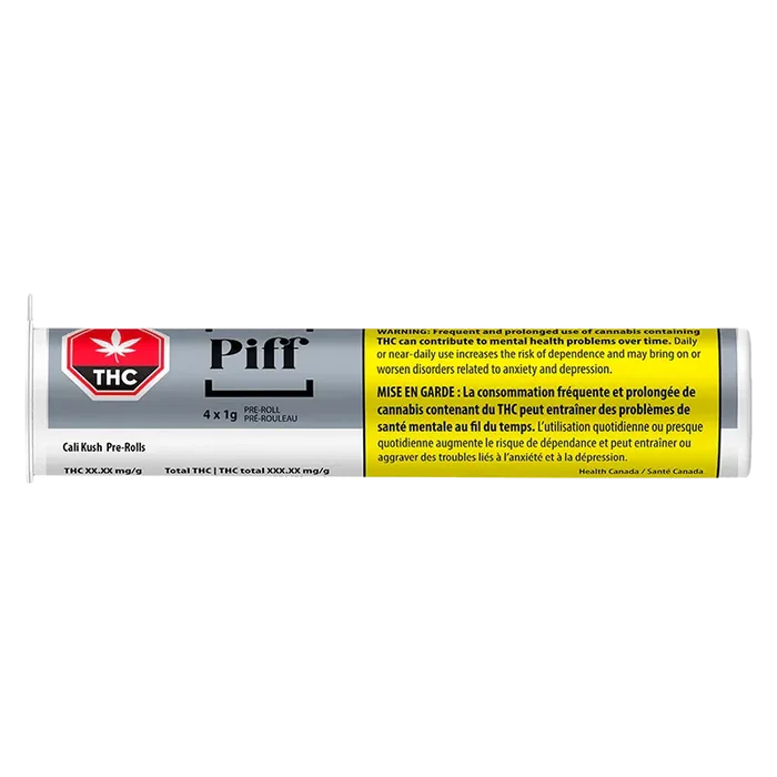 Close-up of the Cali Kush PR 4 x 1 g pre-roll tube label with a silver background, red THC symbol, and yellow bilingual warning panel.