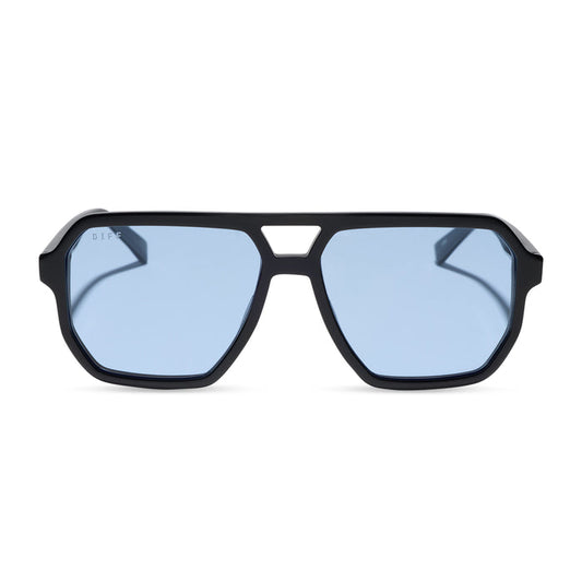 diff eyewear cameron navigator sunglasses with a black acetate frame and blue tint lenses front view