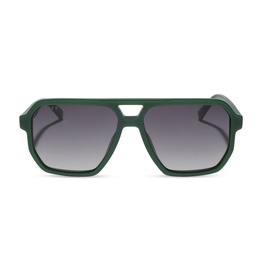 diff eyewear featuring the cameron navigator sunglasses with a fairway green acetate frame and grey gradient polarized lenses front view