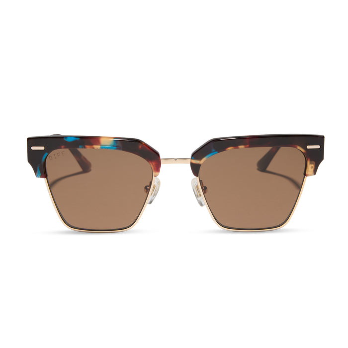 diff eyewear featuring the capri rectangle sunglasses with a confetti tortoise frame and brown lenses front view