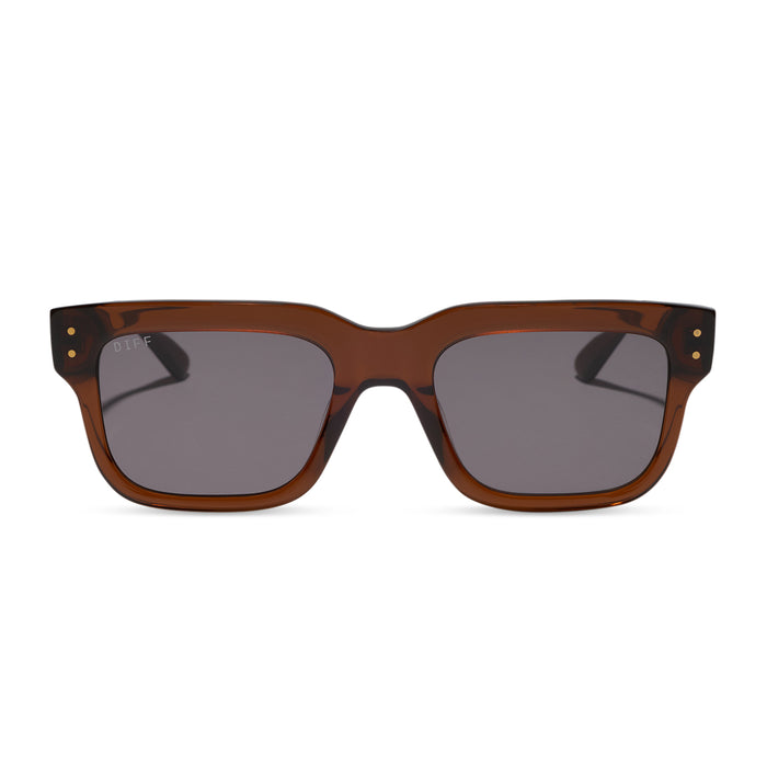 diff eyewear featuring the cash square sunglasses with a whiskey brown acetate frame and grey polarized lenses front view