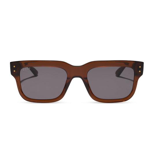 diff eyewear featuring the cash square sunglasses with a whiskey brown acetate frame and grey polarized lenses front view